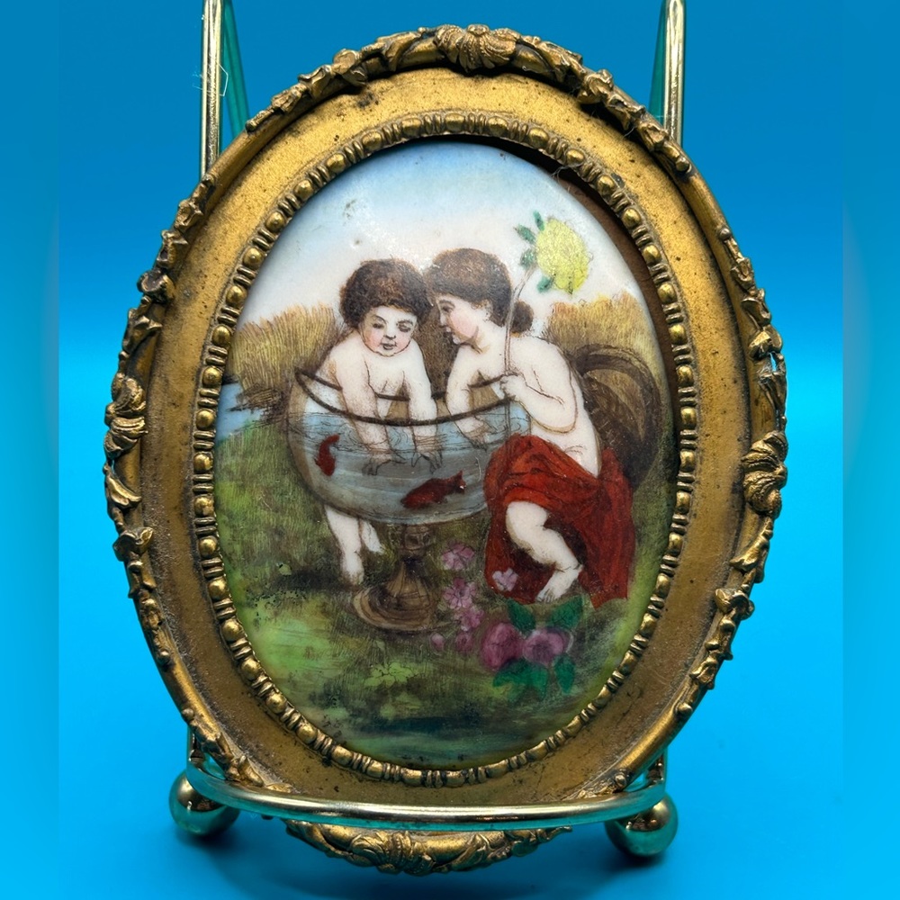 Antique hand painted porcelain cameo art gold metal frame, cherub, valentine